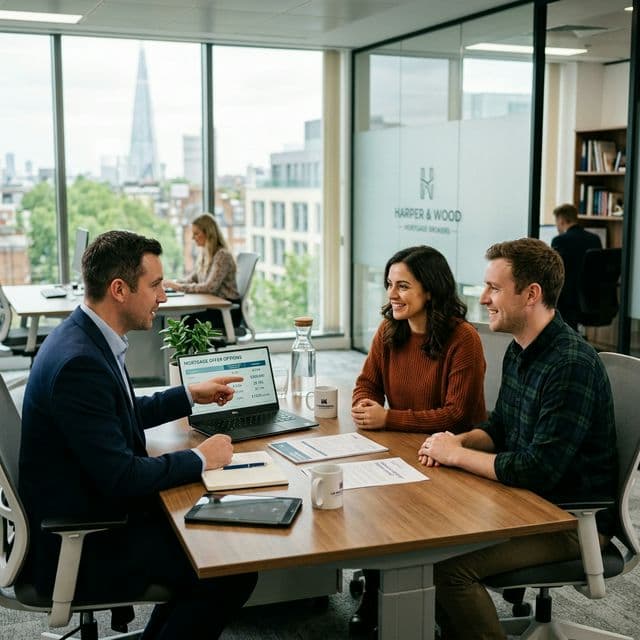 Couple meeting with a specialist mortgage broker to discuss complex income options