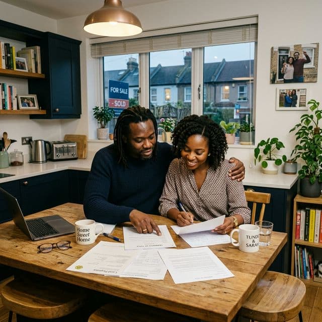 African professional couple reviewing mortgage documents at home