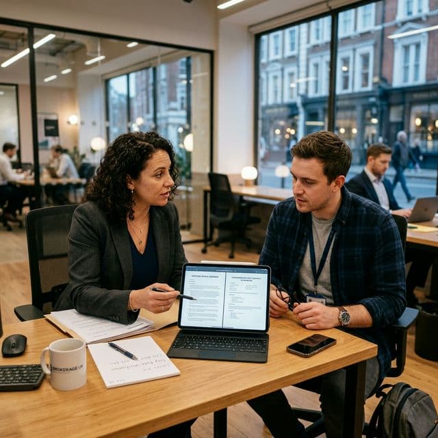 Contractor reviewing mortgage documents with specialist broker