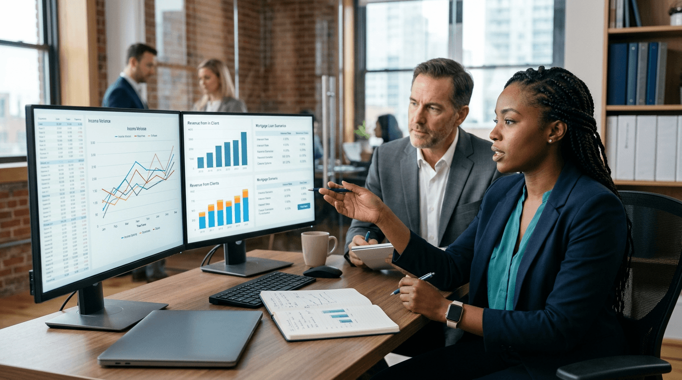 Two colleagues discuss IT contractor mortgage affordability while reviewing income charts, client revenue bars, and loan tables.